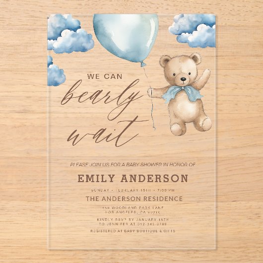 Bearly Wait Neutral Beige & Blue Boy Baby Shower Acryleinladungen (Vorderseite)