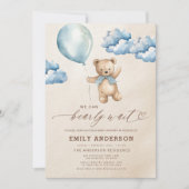 Bearly Wait Neutral Beige & Blue Boy Baby Shower Einladung (Vorderseite)