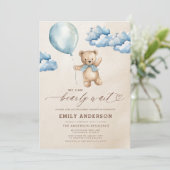Bearly Wait Neutral Beige & Blue Boy Baby Shower Einladung (Stehend Vorderseite)