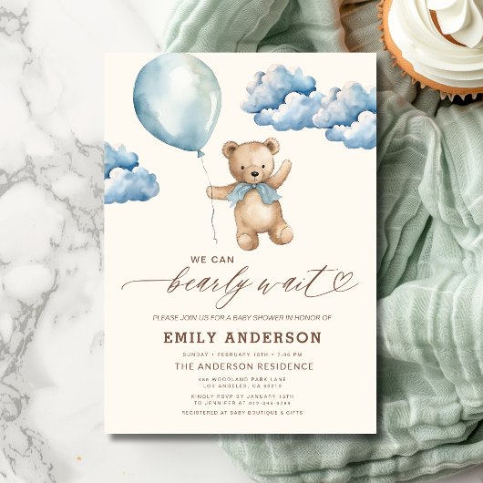 Bearly Wait Neutral Beige & Blue Boy Baby Shower Einladung