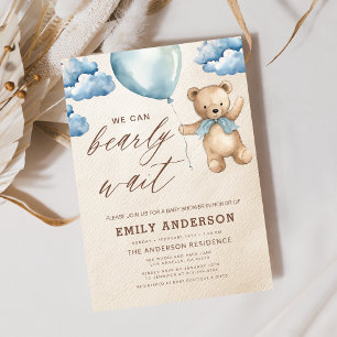 Bearly Wait Neutral Beige & Blue Boy Baby Shower Einladung