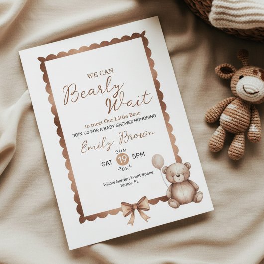 Bearly Wait Neutral Teddy Baby Shower Invitation Einladung