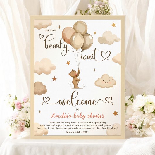 Bearly Wait Neutral Teddy Bären Balloon Baby Showe Poster