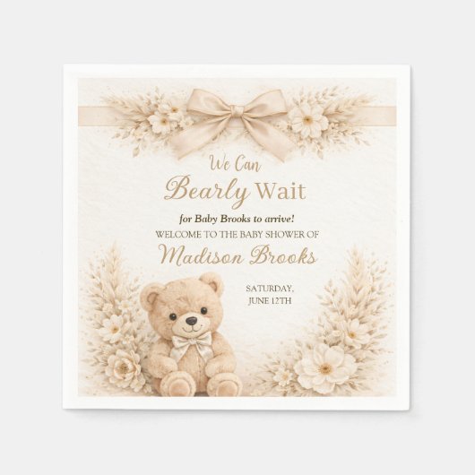 Bearly Wait Neutral Teddy Bear Baby Shower Boho Serviette (Vorderseite)