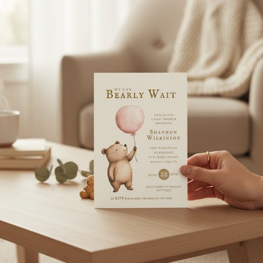 Bearly Wait Pink Balloon Baby Shower QR Code  Einladung