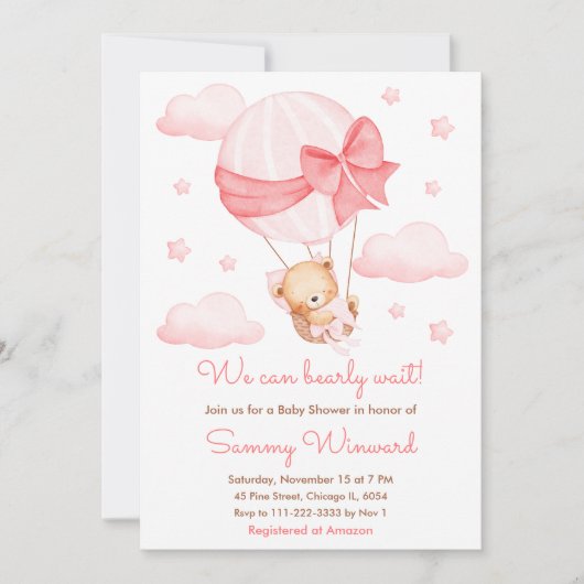 Bearly Wait Pink Balloon Girl Baby Dusche Einladung (Vorderseite)