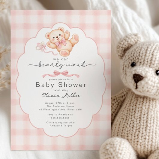 Bearly Wait Pink Teddy Bear Baby Shower Invite Einladung
