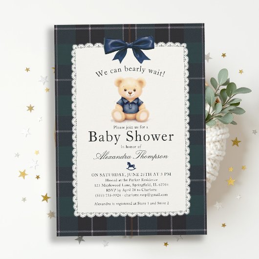 Bearly Wait Polo Bear Plaid Tartan Bow Baby Shower Einladung
