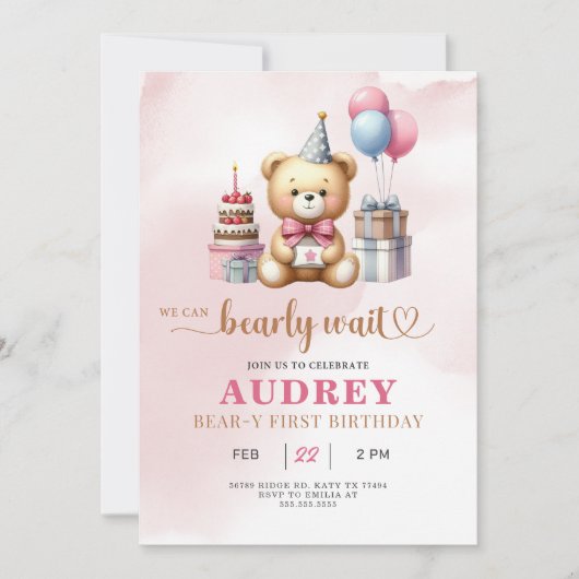Bearly Wait Teddy Bear Geburtstag Einladung (Vorderseite)