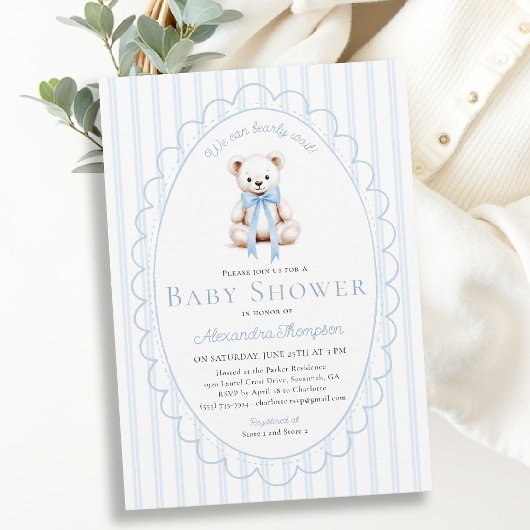 Bearly Wait Teddy Blue Stripes Bow Baby Shower Einladung