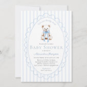 Bearly Wait Teddy Blue Stripes Bow Baby Shower Einladung (Vorderseite)