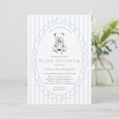 Bearly Wait Teddy Blue Stripes Bow Baby Shower Einladung (Stehend Vorderseite)