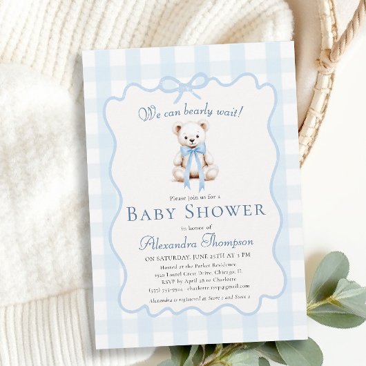 Bearly Wait Teddy Bow Blue Gingham Baby Shower Einladung