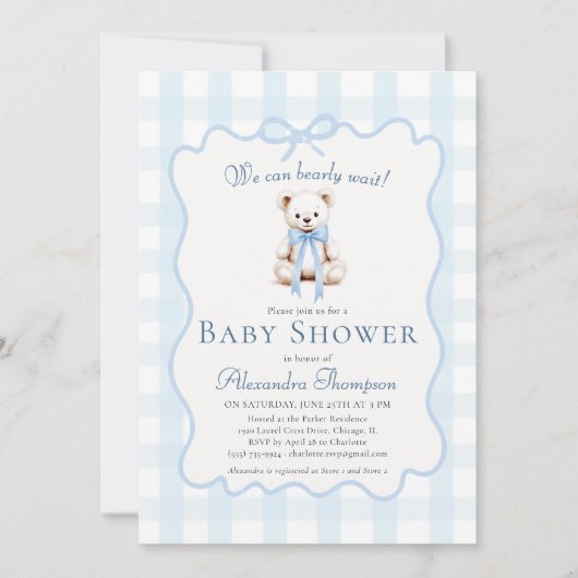 Bearly Wait Teddy Bow Blue Gingham Baby Shower Einladung (Vorderseite)