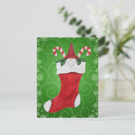 Bearted Gnome in Weihnachten Strumpf Grüne Wirbel Postkarte (Stehend Vorderseite)