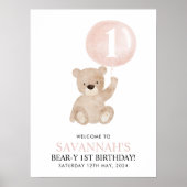Beary 1. Geburtstag Bear Pink Ballon Begrüßungszei Poster (Vorne)