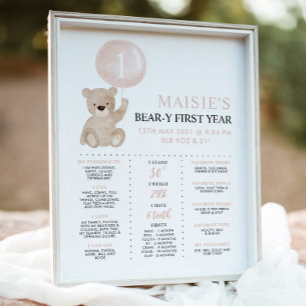 Beary 1. Geburtstag Meilenstein Pink Girl Bären Ze Poster