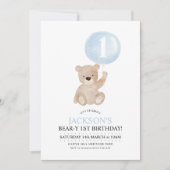 Beary 1st Birthday Bear Blue Ballon Einladung (Vorderseite)