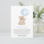 Beary 1st Birthday Bear Blue Balloon Dankeskarte (Stehend Vorderseite)