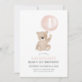 Beary 1st Birthday Bear Pink Ballon Einladung