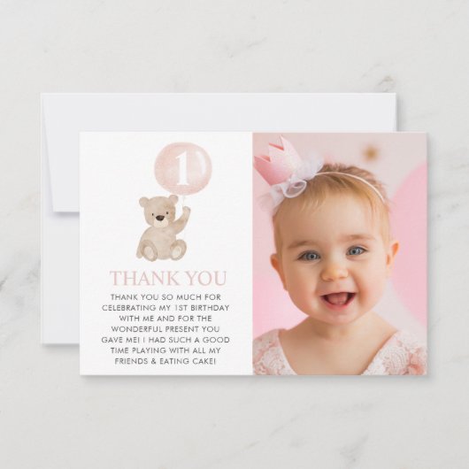 Beary 1st Birthday Bear Pink Ballon Foto Flat Dankeskarte (Vorderseite)