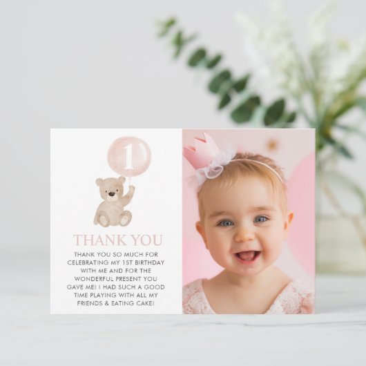 Beary 1st Birthday Bear Pink Ballon Foto Flat Dankeskarte (Stehend Vorderseite)