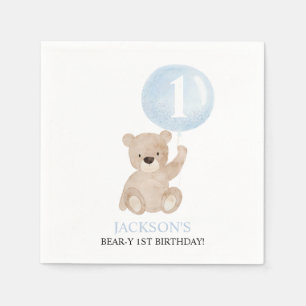 Beary 1st Birthday Boys Blue Balloon Serviette