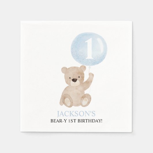 Beary 1st Birthday Boys Blue Balloon Serviette (Vorderseite)
