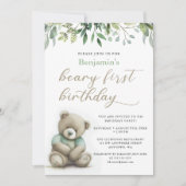 Beary 1st Birthday Watercolor Teddy Bären Blätter Einladung (Vorderseite)