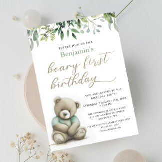 Beary 1st Birthday Watercolor Teddy Bären Blätter Einladung