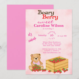 Beary Berry Sweet Pink Cub's Strawberries Geburtst Einladung