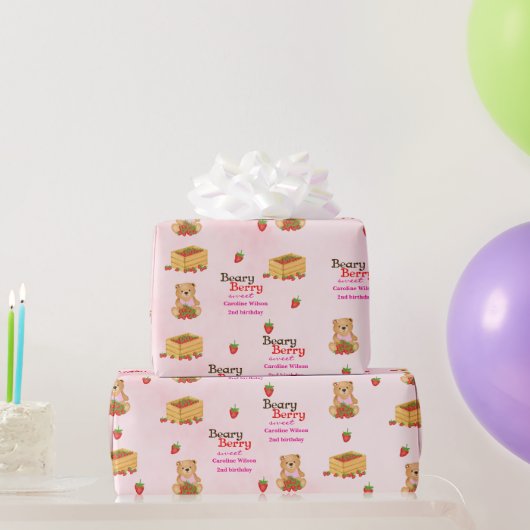 Beary Berry Sweet Pink Strawberry Cub Girly Geschenkpapier (Partygeschenke)