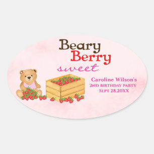 Beary Berry Sweet Pink Strawberry Geburtstagsparty Ovaler Aufkleber