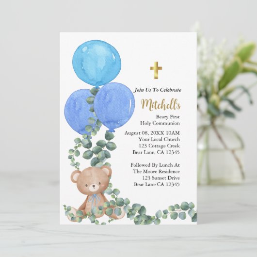 Beary Blue Balloon First Holy Communion Einladung (Stehend Vorderseite)