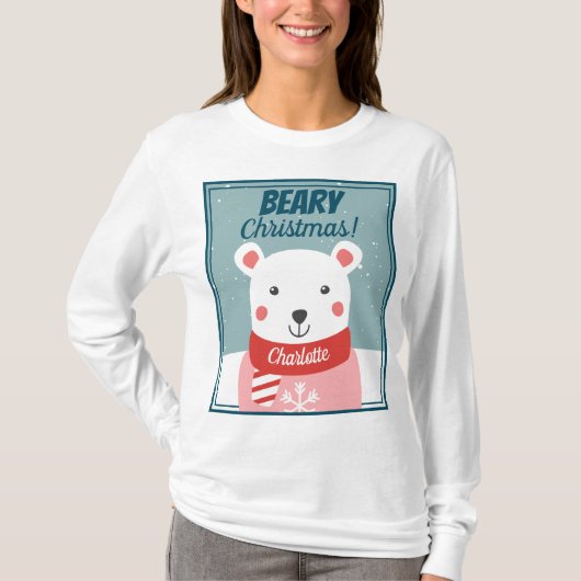 Beary Christmas niedlicher Cartoon Eisbär mit Name T-Shirt (Vorderseite)