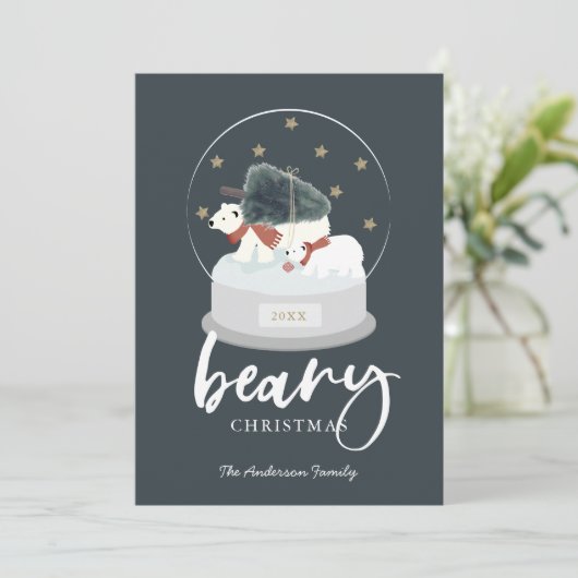 Beary Christmas Polar Bear Snow Globe Holiday Card Einladung (Stehend Vorderseite)