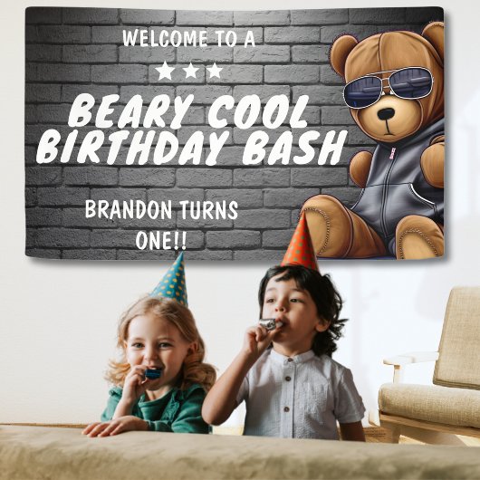 Beary Cool Hip Hop Teddy Bär Erste Geburtstagspart Banner