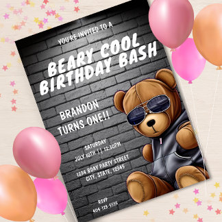 Beary Cool Hip Hop Teddy Bär Erste Geburtstagspart Einladung