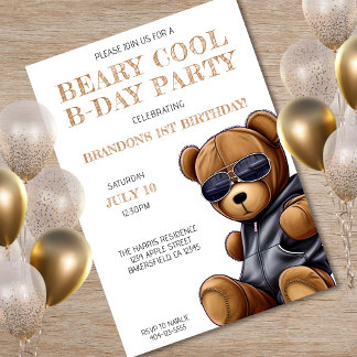 Beary Cool Teddy Bear Boy 1. Geburtstag Party Einladung