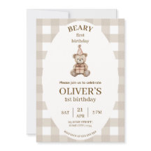 Beary Erste Geburtstagseinladung Gingham Editierba