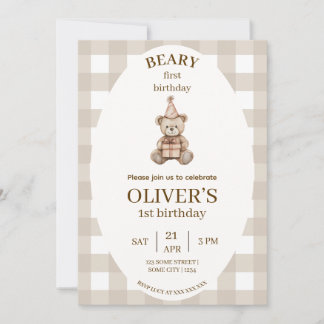 Beary Erste Geburtstagseinladung Gingham Editierba Einladung
