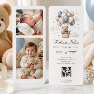 Beary Erster Geburtstag Blau Gold Teddybär Qr Code Einladung