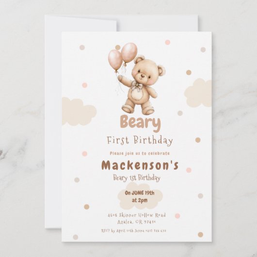 Beary First Balloon Boy 1st Birthday Teddy Bear Einladung (Vorderseite)