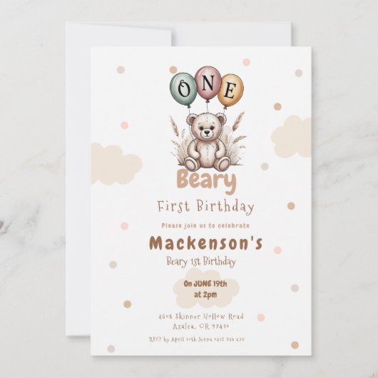 Beary First Balloon Boy 1st Birthday Teddy Bear Einladung (Vorderseite)