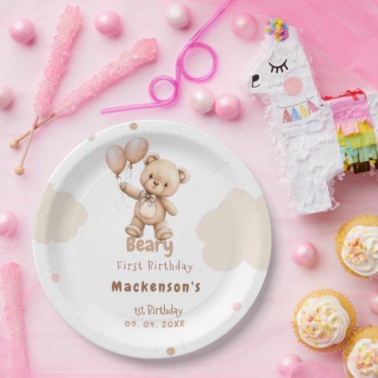 Beary First Balloon Boy 1st Birthday Teddy Bear Pappteller (Party)