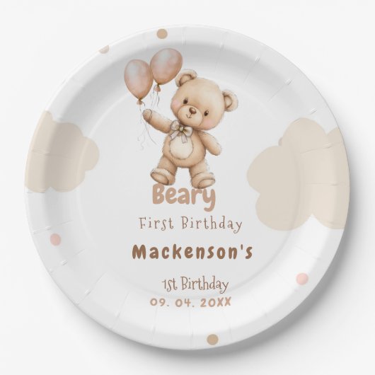 Beary First Balloon Boy 1st Birthday Teddy Bear Pappteller (Vorderseite)