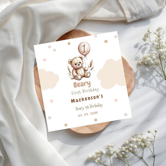 Beary First Balloon Boy 1st Birthday Teddy Bear Serviette