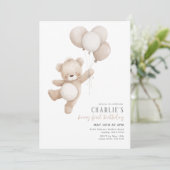 Beary First Beige Neutral Ballon 1. Geburtstag Einladung (Stehend Vorderseite)
