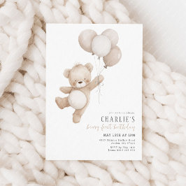 Beary First Beige Neutral Ballon 1. Geburtstag Einladung