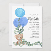 Beary First Birthday Blue Balloon Einladung (Vorderseite)